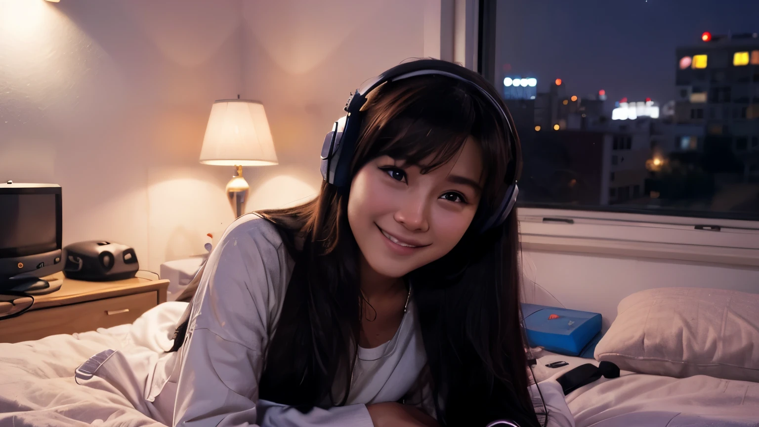 Girl, headphones, inside the house, on the bed, listening to music, night view from the window, smiling, long hair, 80S, City Pop, City Hunter-like, Tsukasa Hojo-like, night
