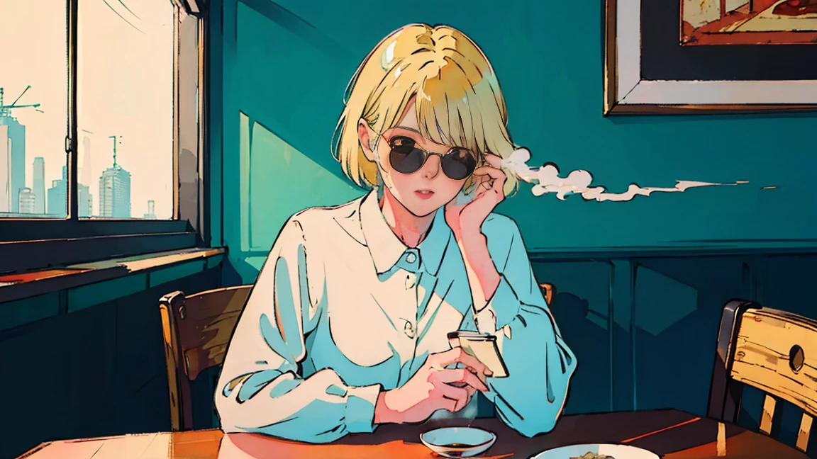Beautiful blonde Asian girl sitting in a dining room in the morning, Visible from the window, perfect face, sunglasses, Smoking white Taylormade cigarettes, neon black, (with backlight: 1.1), hard shadow, masterpiece, highest quality, Complex, model shooting style, vintage, film grain, incomplete details,breakfast、coffee