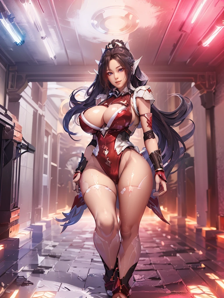 Tyran_Thai Lan, (1GIRL, ALONE, SOLO), (super detailed face), (half face mecha helm:1), (BIG BUTTOCKS, HUGE FAKE BREAST:1.3), (CLEAVAGE:1.5), (MUSCLE ABS:1.3), (MECHA GUARD ARMS, DIAMOND CORE IN CHEST ARMOR:1.3), (RED SHINY FUTURISTIC MECHA ARMORED, MECHA SKINTIGHT SUIT PANTS, MECHA GUARD ARMOR LEGS, HIGH HEELS:1.5), (MUSCULAR FEMALE BODY, GLOWING SKIN, SEXY LONG LEGS:1.1), (LOOKING AT VIEWER:1.3), (female focus:0.886), (WALKING DOWN HALLWAY OF FUTURISTIC SPACE STATION:1), (BRIGHT LIGHT WHITE_ROOM:1.3), HYPER TEXTURE, UNREAL ENGINE RENDER, PHYSICALLY-BASED RENDERING, ULTRA HIGHT DEFINITION, 16K, 1080P.