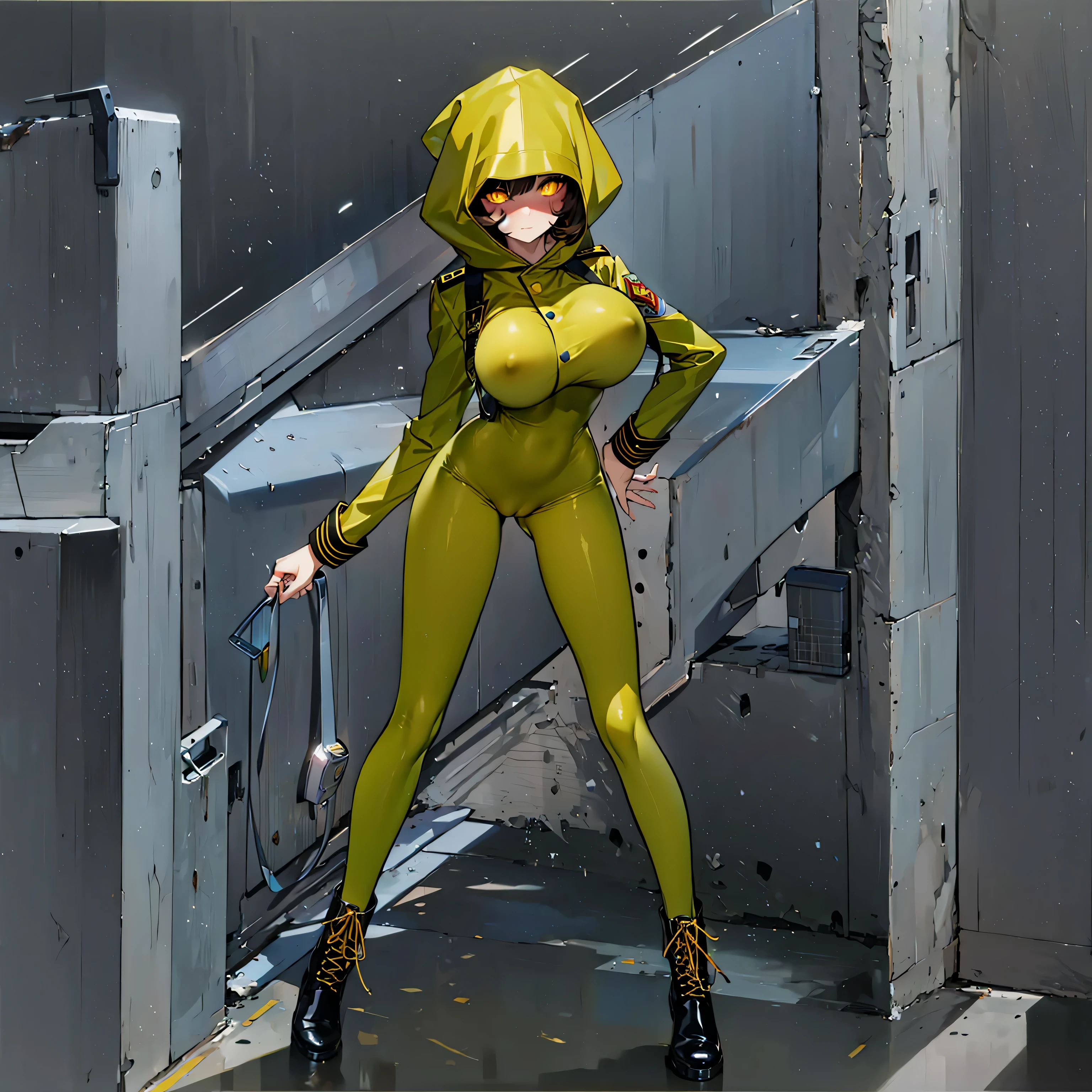 (solo cute girl standing in trench:1.3), (light brown hair:1.2) , (very long legs), (skinny long legs), (very short torso), swaying back, BREAK, (open legs:1.2), tiptoe, pigeon toed, BREAK, (bouncing unaligned large :1.2), perky breastswaist, BREAK, (dark brown military uniform:1.4), (hood covers face), trousers, military boots, BREAK, nose blush, looking at viewer, BREAK, (glowing golden eyes:1.6), BREAK, (wire entanglement fence in background), BREAK, (masterpiece, best quality, ultra-detailed:1.5), (nsfw:0.8), coverd erectile nipplameltoe