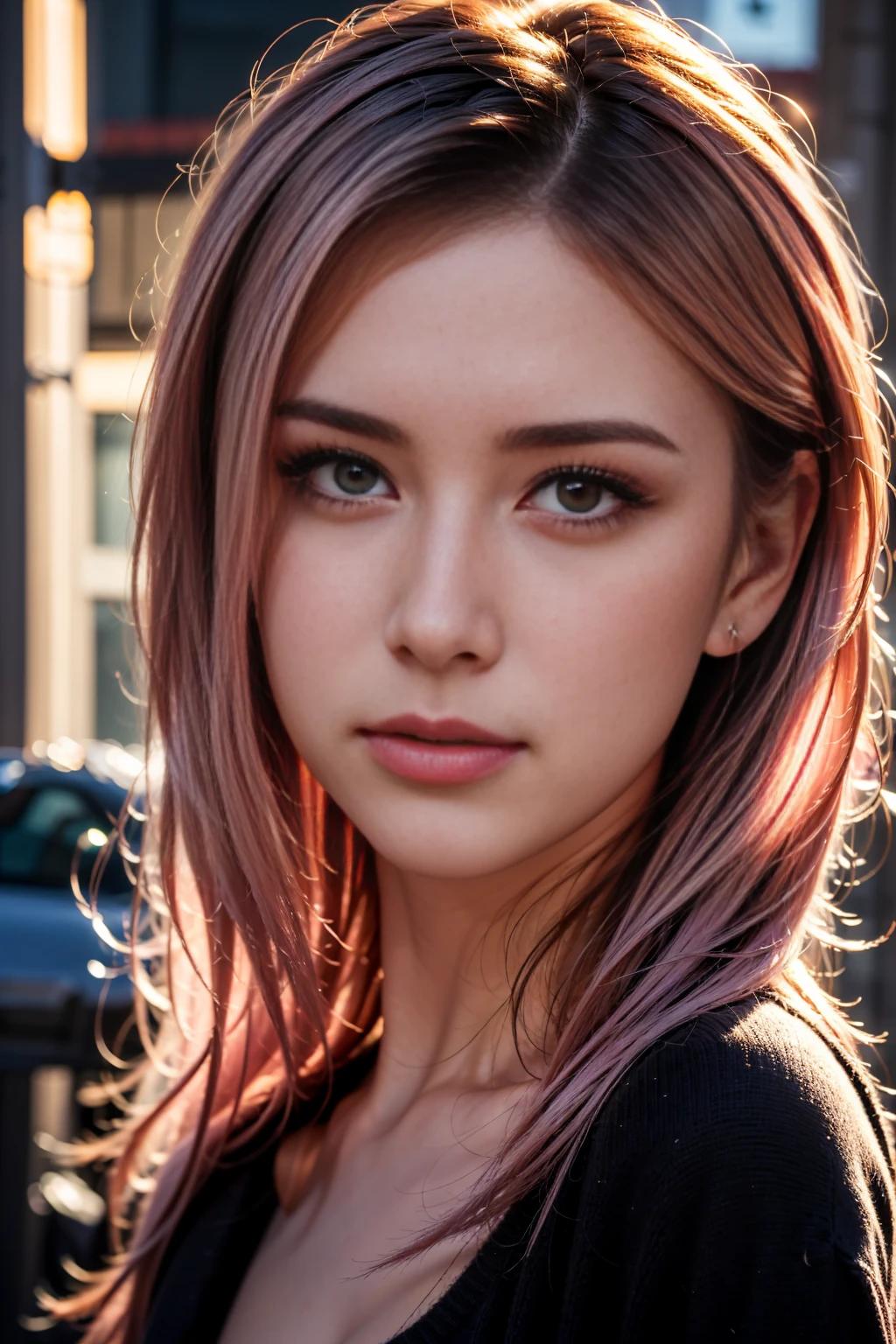 Superior quality, masterpiece, ultra high res, (ultra sharp focus) (photorealistic:1.4), raw photo, 1girl, long hair, pink hair, Hair tucked behind ear, female human ear, detailed eyes and face, cute expression, black sweater, warm cinematic lighting, in the dark, deep shadow, low key