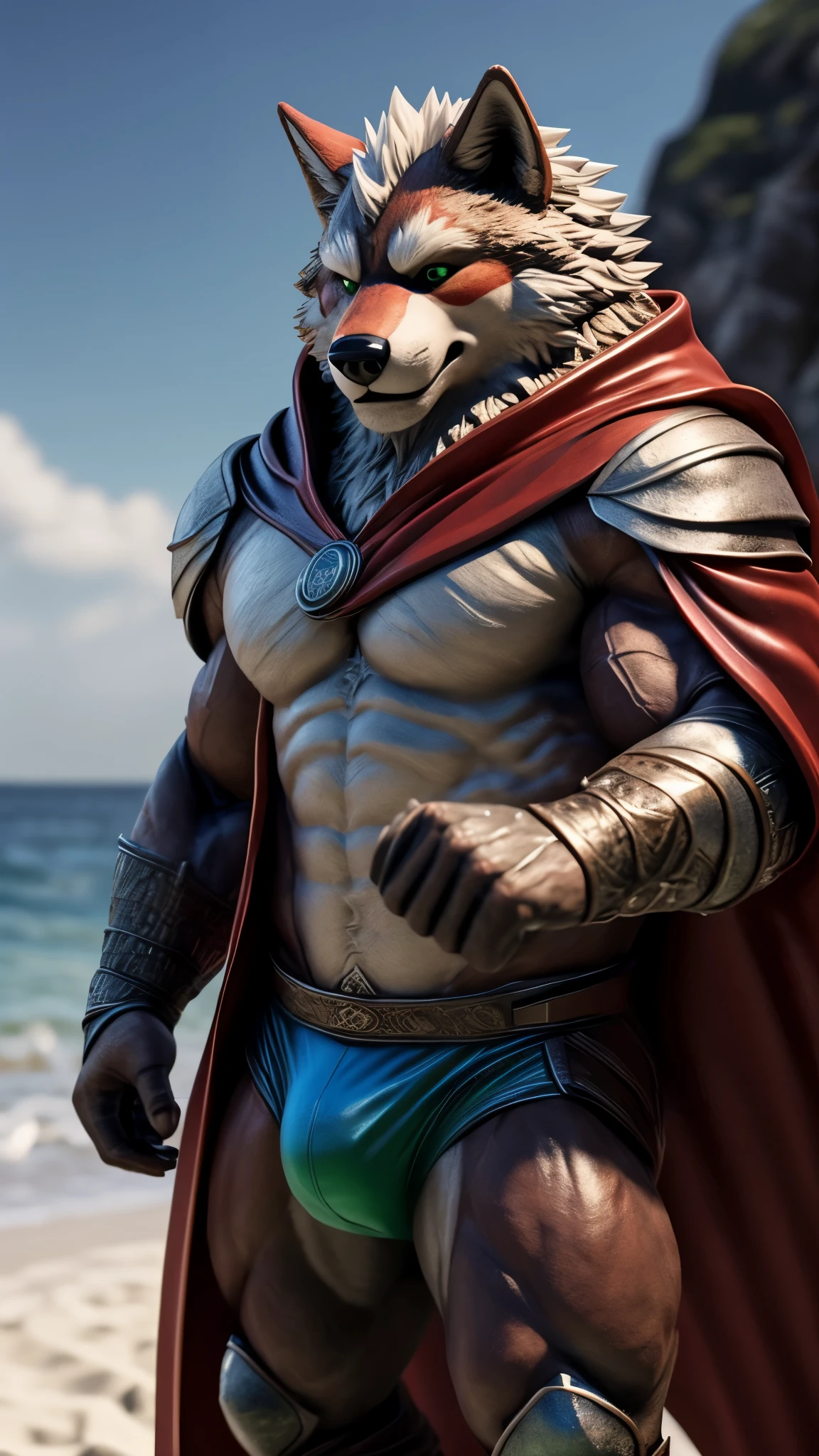 1. A mesmerizing 3D render captures the essence of Seth from Tokyo Afterschool Summoner. He stands proudly on the beach, his skinny muscles showcased in blue swim underwear. With brown furs and alluring green eyes, his black scleras add a touch of mystery. Blushing with a hint of red, Seth's gaze invites viewers to dive into this detailed masterpiece, trending on ArtStation.
2. Prepare to be captivated by the ultra-detailed depiction of a middle-aged muscular anthro wolf in a knight costume. Cloaked in a long red cherry cloak, his sharp focus gaze pierces through the screen, beckoning you into the scene of a movie. With depth of field and motion blur enhancing the dramatic