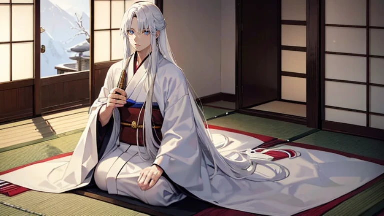 A 30-year-old man with hair as white as snow, sporting long, straight hair, dressed in a pristine white kimono, sits seiza-style in a plain Japanese room. His expression is tense, with a smug look on his face, narrow, black eyes, and no beard.