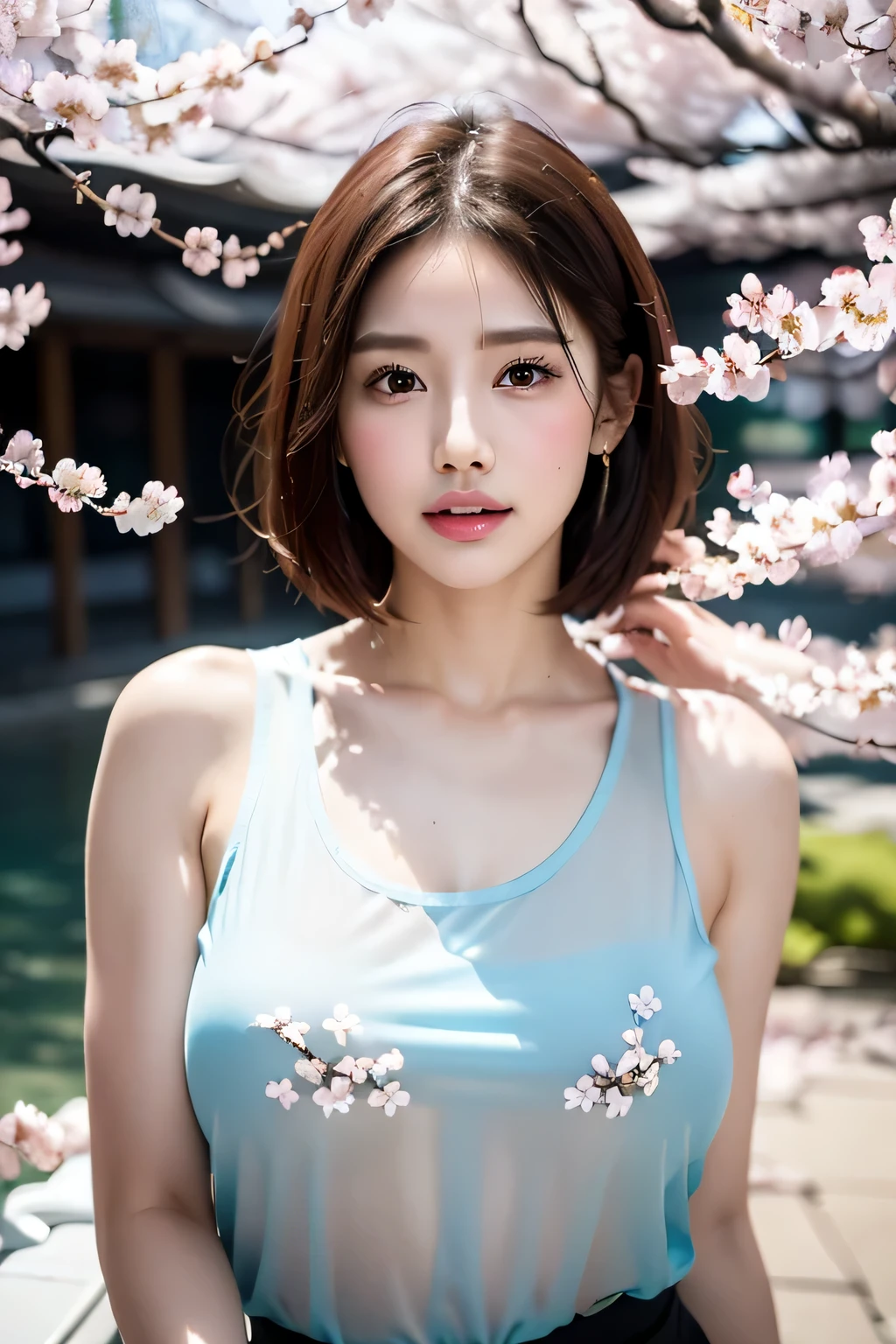 (Rows of cherry blossom trees in full bloom:1.7),(cherry blossom petals dancing in the wind:1.3),(sunlight filtering through the foliage:1.3),girl alone,cheeks turn red,look at the audience,big breasts,(oversized see-through tank top:1.7).A see-through tank top that accentuates the bust,Open see-through tank top,wet face,wet skin,wet body,wet costume,wet hair,flower hair ornament,necklace,Looking up from under the earrings,Depth of written boundary,pointed red mouth,(reddish brown wet shiny short hair),red mouth,clavicle,beautiful fingers,hourglass body,full body portrait,cute ,wet face,digital illustration,Single-lens reflex camera,Sharp light and shadow contrast ,(Photoreal:1.3),(Raw photo.), (table top,highest quality,Ultra high resolution output image,) (8K quality,),(Image mode Ultra HD,),