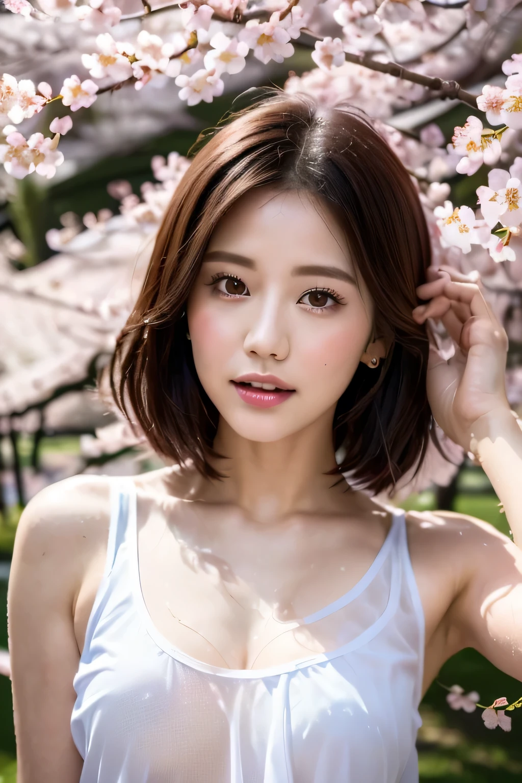 (Rows of cherry blossom trees in full bloom:1.7),(cherry blossom petals dancing in the wind:1.3),(sunlight filtering through the foliage:1.3),girl alone,cheeks turn red,look at the audience,big breasts,(oversized see-through tank top:1.7).A see-through tank top that accentuates the bust,Open see-through tank top,wet face,wet skin,wet body,wet costume,wet hair,flower hair ornament,necklace,Looking up from under the earrings,Depth of written boundary,pointed red mouth,(reddish brown wet shiny short hair),red mouth,clavicle,beautiful fingers,hourglass body,full body portrait,cute ,wet face,digital illustration,Single-lens reflex camera,Sharp light and shadow contrast ,(Photoreal:1.3),(Raw photo.), (table top,highest quality,Ultra high resolution output image,) (8K quality,),(Image mode Ultra HD,),