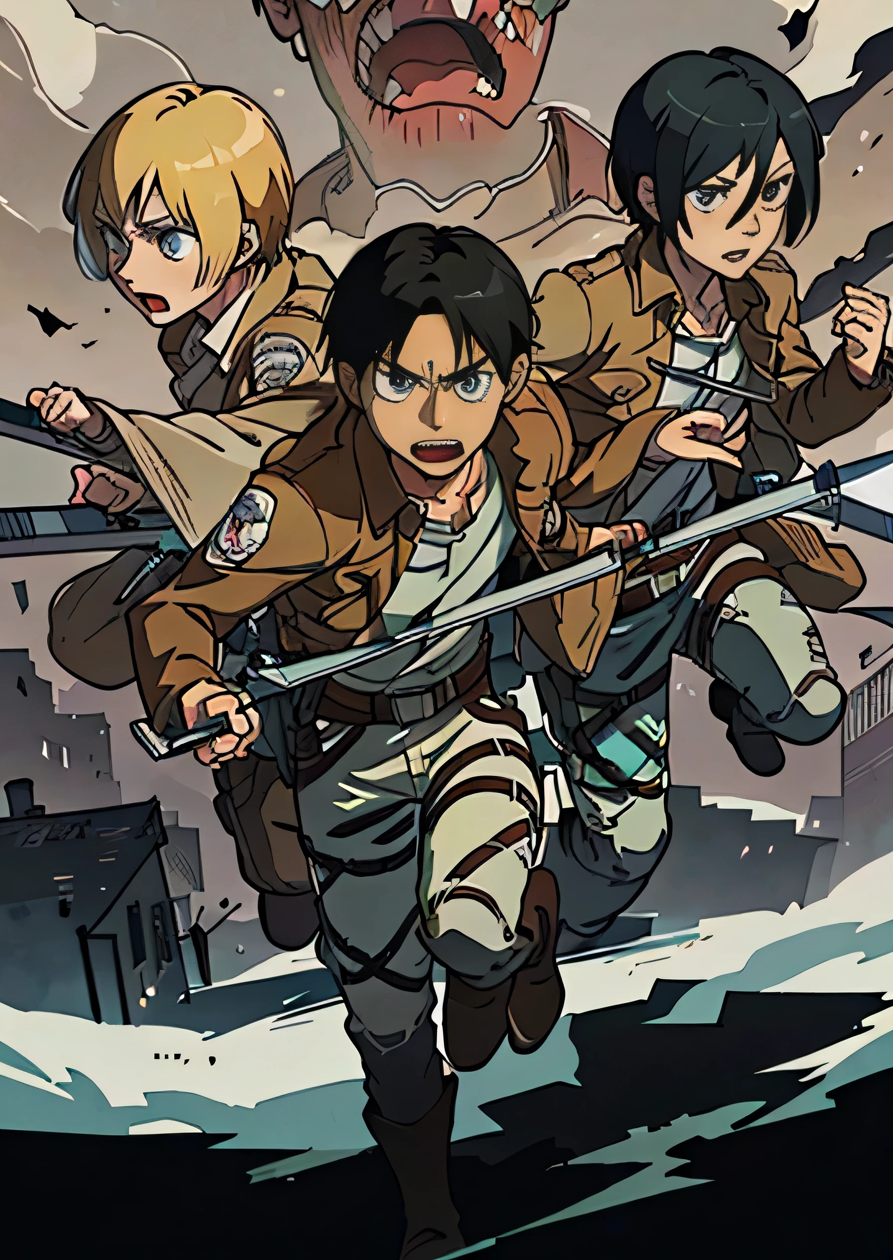 attack on titan anime wallpaper, shingeki no kyojin, key visual of attack on titan, attack on titan covert art, in attack on titan, snk, 3 people, eren yeager, mikasa ackerman, armin arlert, from attack on titan, flat anime style