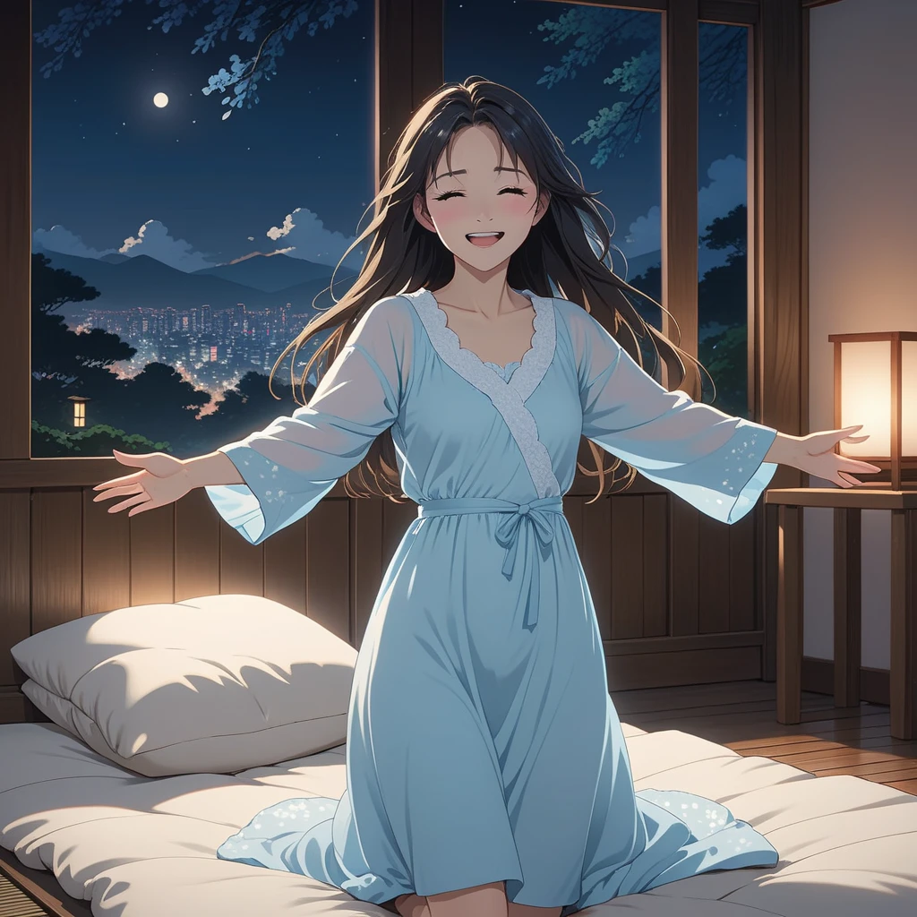 masterpiece, High resolution, illustration, kyoto animation style, Your name is cinematic style, night, midnight, Light, (1 female: 1.3), (alone: 1.4), long eyelashes, long hair, nose blushing, futon, embarrassed, dancing happy, nightdress, Hide with hands , Hide with hands, full body view.