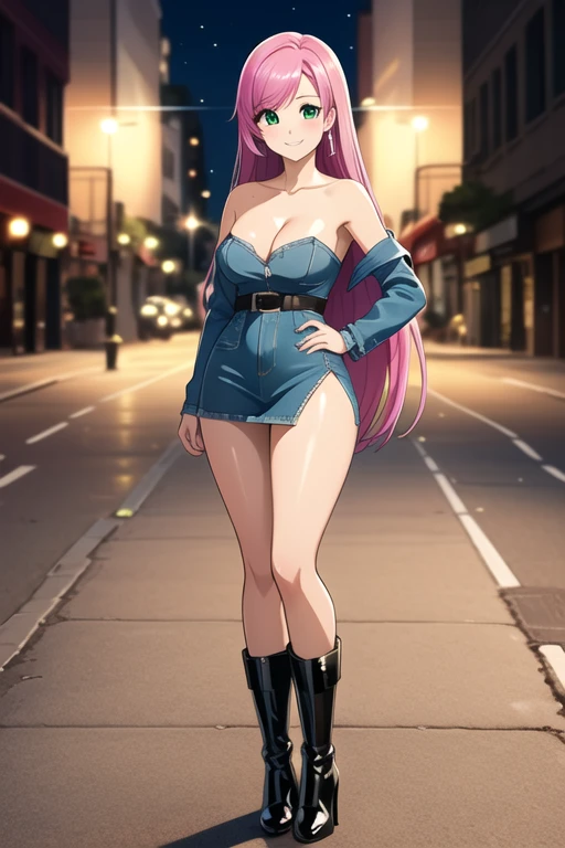 1 girl, 19 years old, Long pink hair, green eyes with slit pupils, master-piece, best quality, (standing up), (denim jacket), (tight strapless denim dress, patent leather high heel boots, cleavage),  (Big , ultra gigantic , Super super big, Glamorous body), Make eye contact with the camera, front figure, looking forward, (light_Smile:1.5), (Detailed hands and fingers:1.2), (FULL BODYSHOT), thighs thighs thighs thighs、beauty legs、