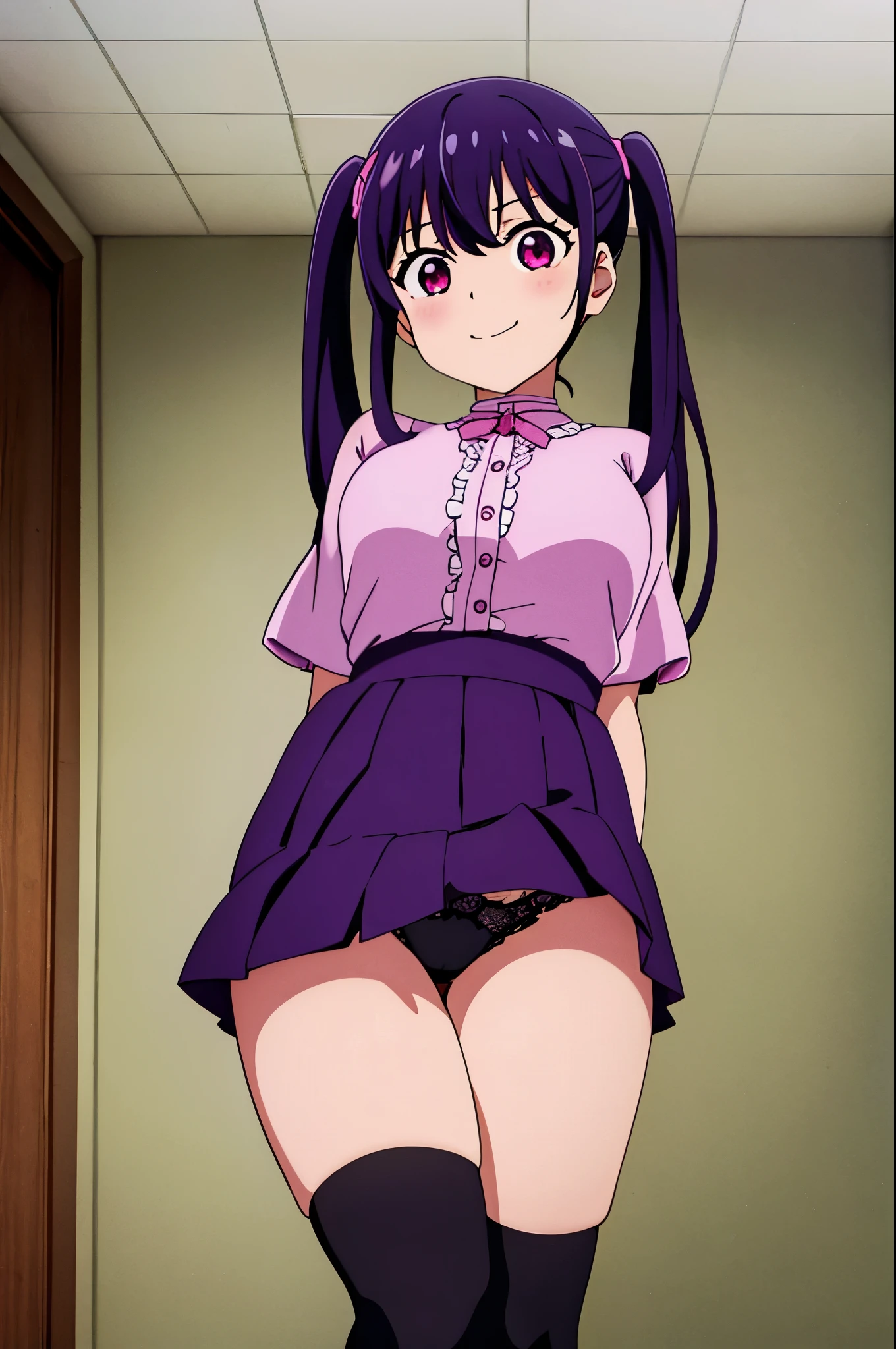 In 8K、highest quality、room with window、with a girl、Dark purple hair、twin tails、big pink ribbon、delicate face、smile、red eyes、blushing face、Pink blouse with plenty of frills、black mini skirt with lace、beautiful feet、striped lace tights、black platform pumps、seductive thighs、big breasts:1.8、big ass:5.5、big breasts、 thin waist、beautiful waist、shiny skin、black panties with holes、look down from below、seductive thighs、