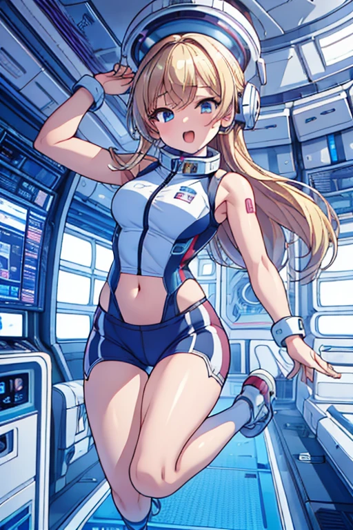 top-quality,Top image quality,in 8K,4K,​masterpiece,ultra-detailliert,Beautiful,ultra-quality, best quality,high resolution, ultra-detailed,game cg,dutch angle,(acrobatic pose):5,jumping:5,(inside spacestation,)beautiful detailed eyes,five fingers,headphone,nsfw,a beauty girl,(astrovest):5,(track uniforms),wet,(steam:1.5),Running form,open open mouth,(blonde hair),(long hair):2,Navel,space_station_interior, exercise_room, futuristic, high_technology, zero_gravity_exercise_equipment, high_resolution_landscape, sleek_design, minimalistic, 8K_resolution, game_cg_style, Dutch_angle, detailed_character, track_uniform, perfect_running_form, intense_expression, detailed_eyes, determination, steam:1.5, beauty, strength, five_fingers, visible_navel, open_mouth, ultra_quality, high_resolution, ultra_detailed,astrovest