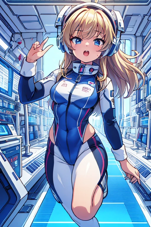 top-quality,Top image quality,in 8K,4K,masterpiece,ultra-detailliert,Beautiful,ultra-quality, best quality,high resolution, ultra-detailed,game cg,dutch angle,(acrobatic pose):5,jumping:5,(inside spacestation,)beautiful detailed eyes,five fingers,headphone,nsfw,a beauty girl,(astrovest):5,(track uniforms),wet,(steam:1.5),Running form,open open mouth,(blonde hair),(long hair):2,Navel,space_station_interior, exercise_room, futuristic, high_technology, zero_gravity_exercise_equipment, high_resolution_landscape, sleek_design, minimalistic, 8K_resolution, game_cg_style, Dutch_angle, detailed_character, track_uniform, perfect_running_form, intense_expression, detailed_eyes, determination, steam:1.5, beauty, strength, five_fingers, visible_navel, open_mouth, ultra_quality, high_resolution, ultra_detailed,astrovest