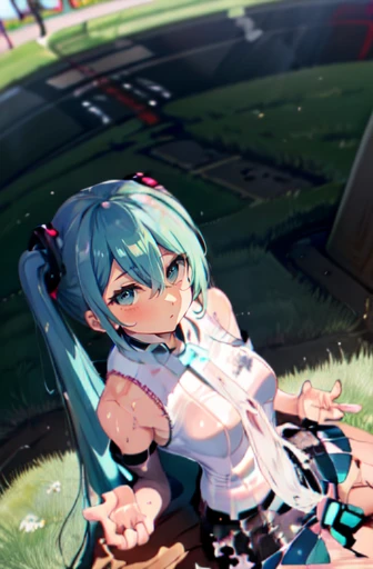 masterpiece, Great, Great, 1 girl, Blue eyes, shirt, pleated skirt, medium breasts, sort, (( wet, holding a condom in your hands, sitting on the ground, money on earth)), cumshot, ahegao face, cum, slave, slut, hatsune miku, (cum on clothes:1.4), blush , penis near face
