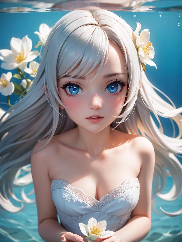 (best quality, masterpiece:1.2), ultra-detailed, portrait, female, beautiful, maturing, lovely, detailed face, blue eyes, rosy lips, porcelain skin, long flowing hair, feminine features, delicate flowers, pure white dress, aesthetic clouds, partially underwater, sparkling water, colorful palette, photorealistic, soft lighting, ((partially underwater shot)), 4k, 8k, highres, masterpiece, award winning