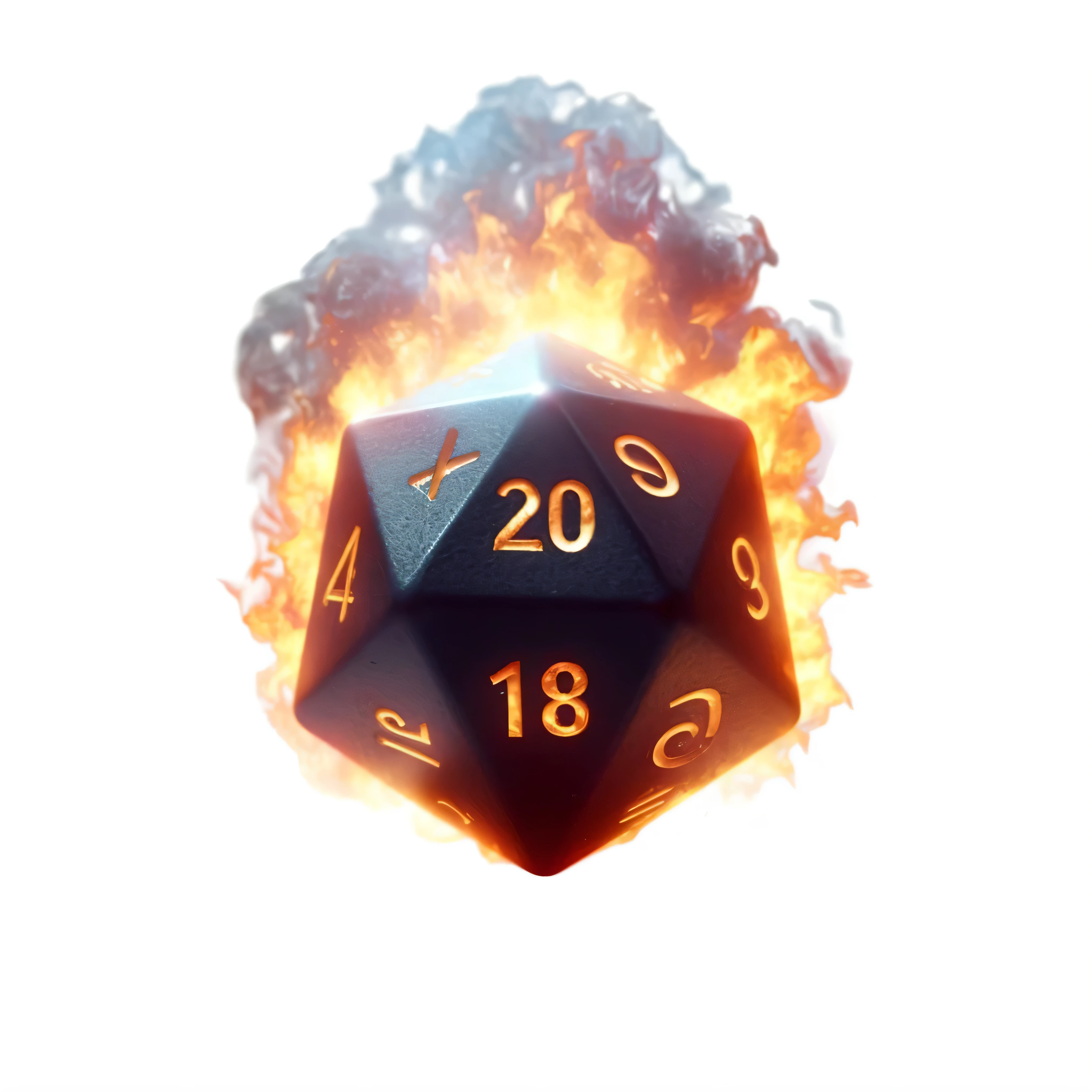 a close up of a burning d20 dice on a black background, roll 2 0, roll20, realistic explosion, fantasy d&d magic item, d & d digital painting, rpg item render, d & d fantasy digital art, tabletop rpg, high quality dnd illustration, d20 made of teeth, dnd fantasy digital art, pyromancer