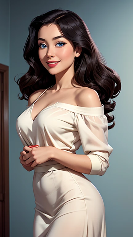 1girl, 25 years old, Vietnamese American, slightly French, young ghost woman, Heather, beautiful, pale, creamy skin, shoulder-length hair, subtly wavy hair, her hair frames her face, big eyes, bright blue eyes, cute smile, heart-warming smile, quiet, soft-spoken, humorous, 1950s style clothing, she carries herself with grace and elegance