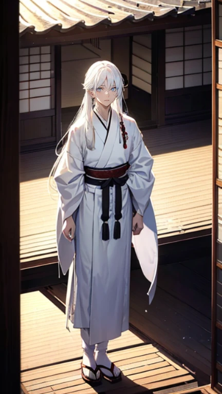 A 30-year-old man with hair as white as snow, sporting long, straight hair, dressed in a pristine white kimono, stands on the veranda of a Japanese house. Viewed from above, his entire body, tense expression, smug look on his face, narrow, black eyes, and no beard are visible.