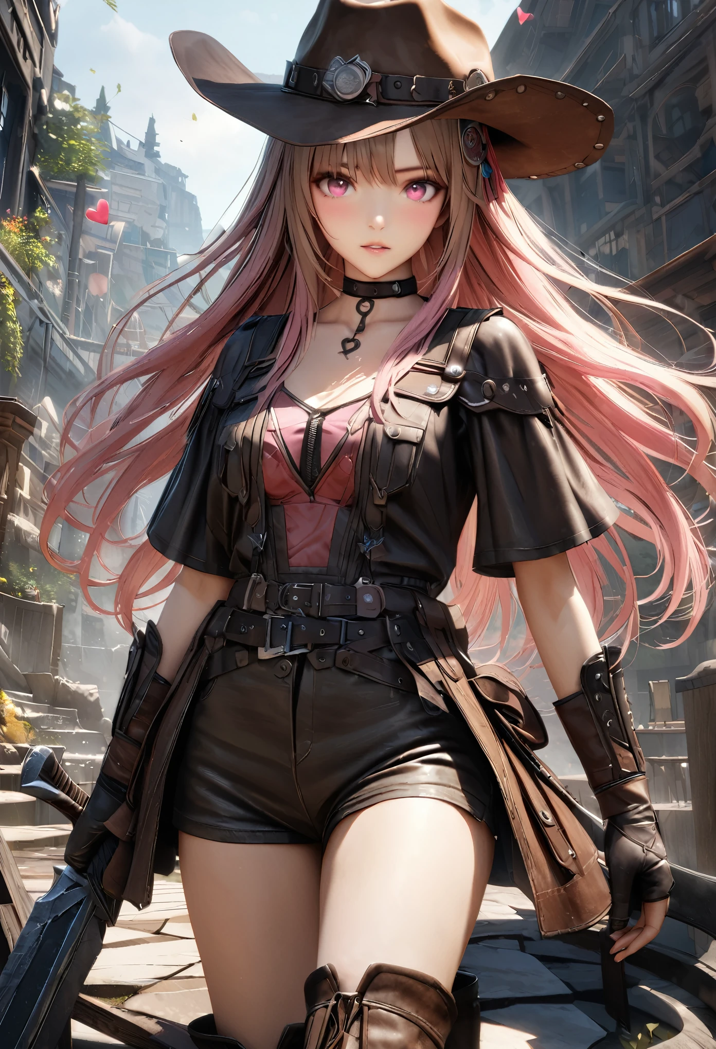 masterpiece,highest quality, Super detailed, High resolution, expensive resolution, HDR, 4k, 8K, unity 8k wallpaper, Super detailed CG, masterpiece, realistic, 2D, 3D, beautiful details, depth, fine texture , super fine: 1.3, Fully focused, Crispy.skin, .he, Very cute anime girl 、cowboy style costume、cowboy hat、cowboy boots technic wilderness、duel、long sword、Pink semi-long hair wearing expensive , one girl、alone, Pink semi-long hair, cowboy style、cowboy hat、long sword、duel、cowboy bootole under the eye, looking at the viewer , expensive , blush, mole, parted lips, hair ornaments, heart, pink eyes, choker
