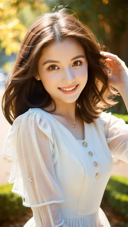 1girl, 25 years old, Vietnamese American, slightly French, young ghost woman, Heather, beautiful, pale, creamy skin, shoulder-length hair, subtly wavy hair, her hair frames her face, big eyes, bright blue eyes, cute smile, heart-warming smile, quiet, soft-spoken, humorous, 1950s style clothing, she carries herself with grace and elegance