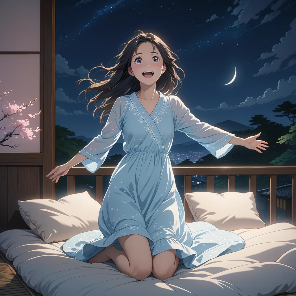 masterpiece, High resolution, illustration, kyoto animation style, Your name is cinematic style, night, midnight, Light, (1 female: 1.3), (alone: 1.4), long eyelashes, long hair, hair blowing, nose blushing, futon, embarrassed, jumping happy, nightdress, Hide with hands , Hide with hands, full body view.