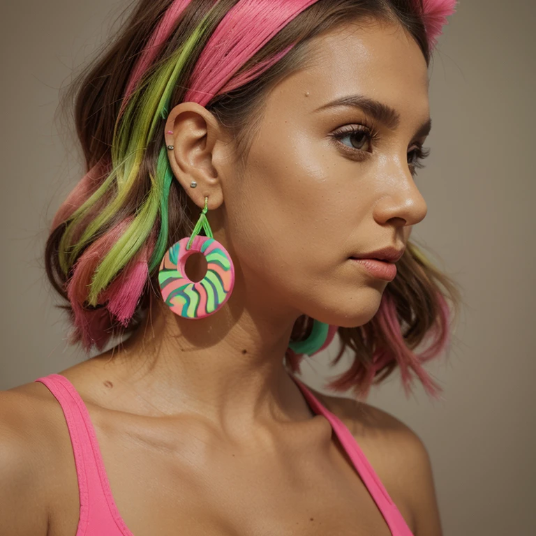 Giant huge big sized polymer clay earrings, with animal print, neon green and pink colors. High detailed. Geometric shapes. Candy