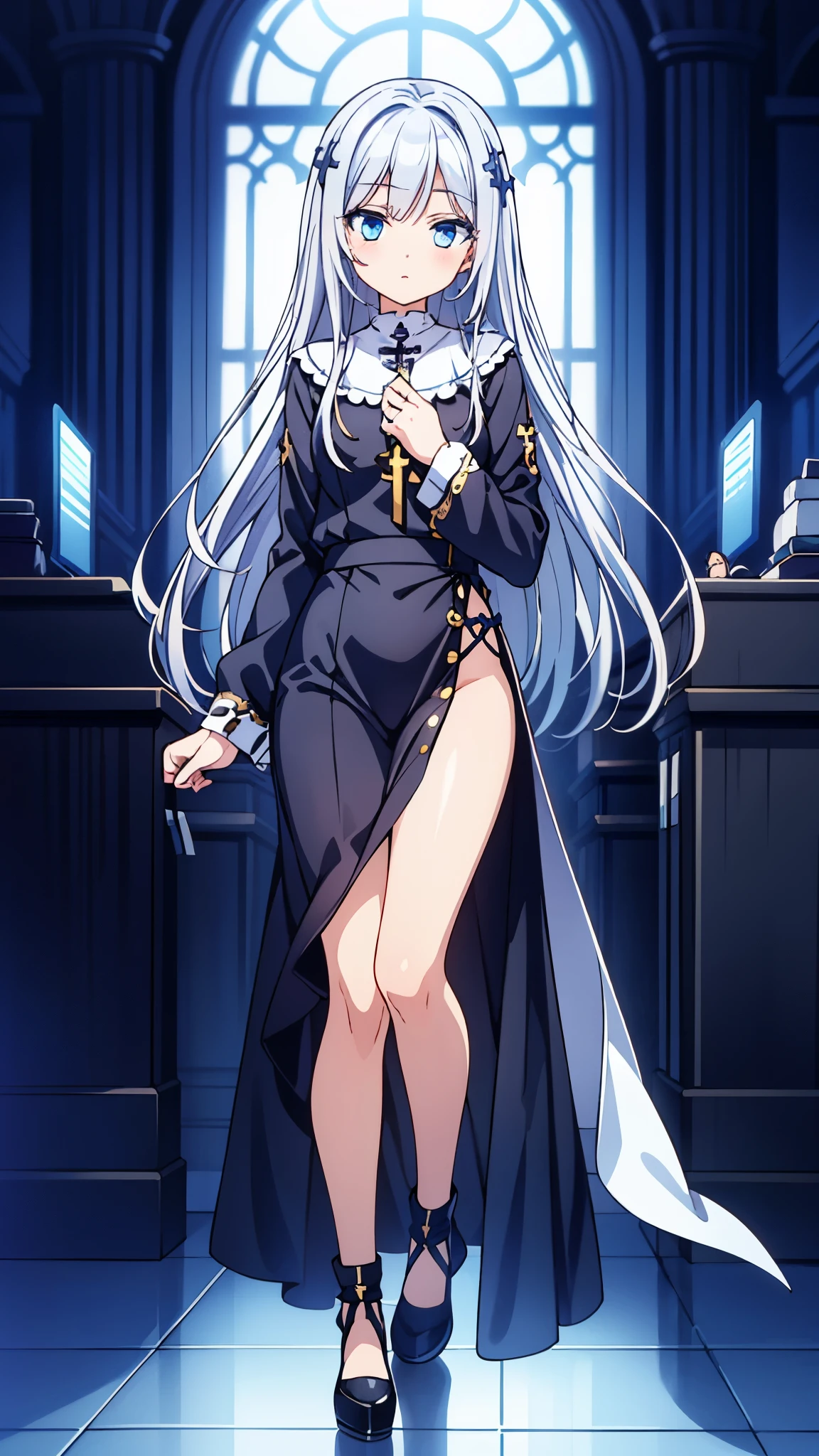 A priest with tattered clothes,full body, girl, silver hair, light blue eyes. nsfw,(high resolution), (extremely detailed CG), realistic, extremely cute anime girl,beautiful eyes and face. gentle expression