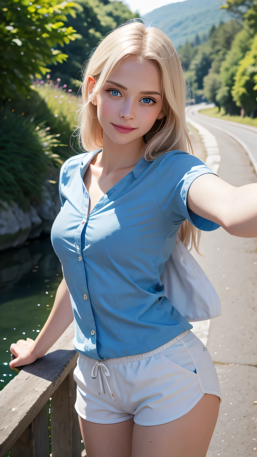 Subject:
1 girl, 18 Jahre alt、shy, (beautiful detailed cute face、pureerosface_v1:0.008)、Gesicht mit goldenem Schnitt、Ausgeglichene Augen、very beautiful big blue eyes、doppeltes Augenlid, lipgloss, breite Lippen)、Beautifully detailed skin, Fotografen ansehen, Bright white shiny skin、(Attraktives, helles, natural platinum blonde, superlanges, glattes, seidiges Haar)、eye liner、Lush bust, (((leichte sommersprossen)))
Medium:
(8K、Rohfotografie、top quality、Meisterwerk:1.2), (realistisch、Photorealsitic:1.37)、ultra-detailliert、super high resolution、Professionelle Beleuchtung
Environment: outdoor, windy, sun,
Mood: dreamy, shy, elegent
Kleidung: (((hikking-shorts; blue shirt)))
Composition: ((selfie)), smiling, ((on a hikking track, on a small bridge,standing, big gorge in the background))