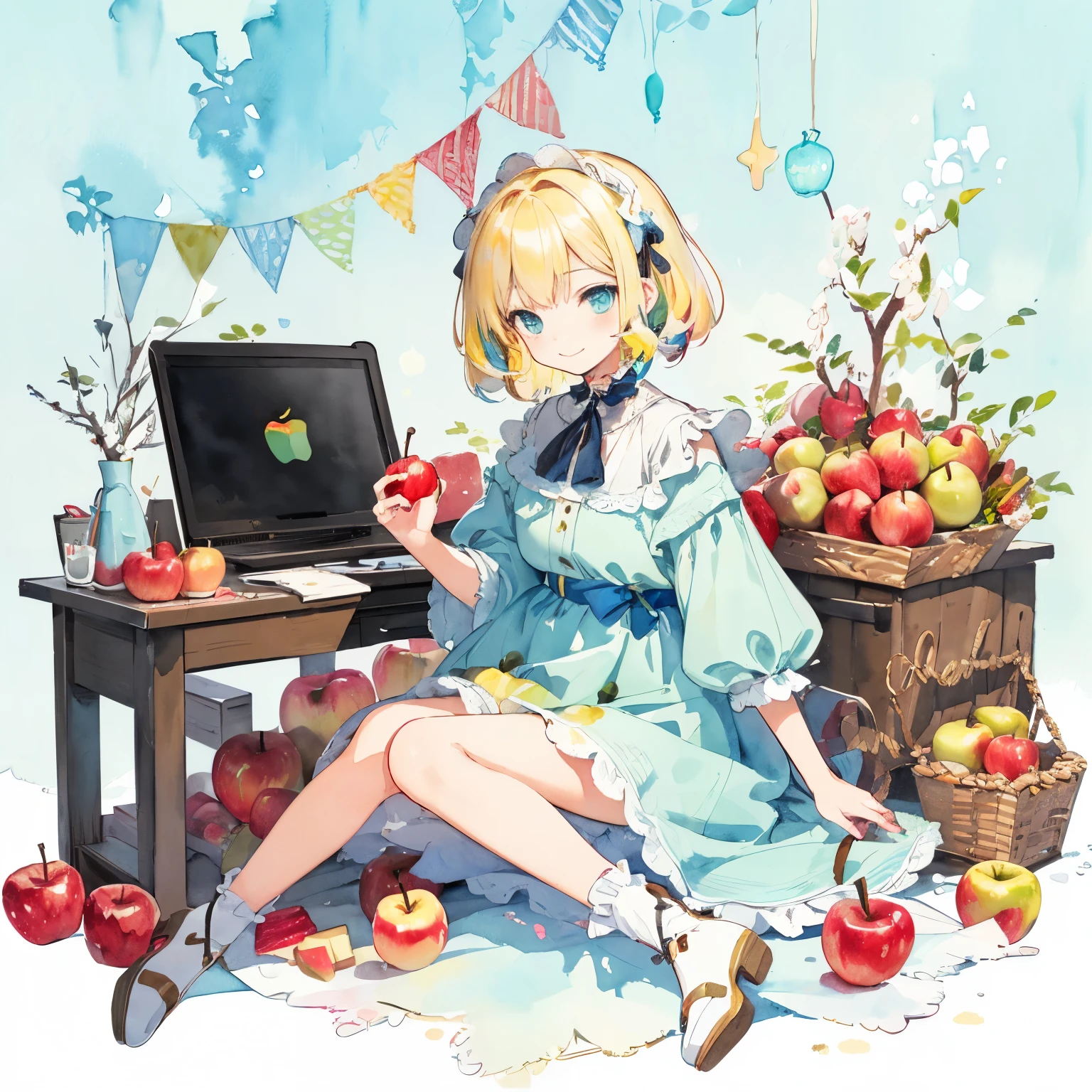 PastelColors:1.5)、(Cute illustration:1.5)、(watercolor paiting:1.2)、Light blue background、girl with、full body Esbian、A smile、Stranger、Pale yellow all over、Moya、marble、colourfull、jello、apple、Cutting apples、Uncut apples、blonde hair、blue eyess、apple pie、a little mint