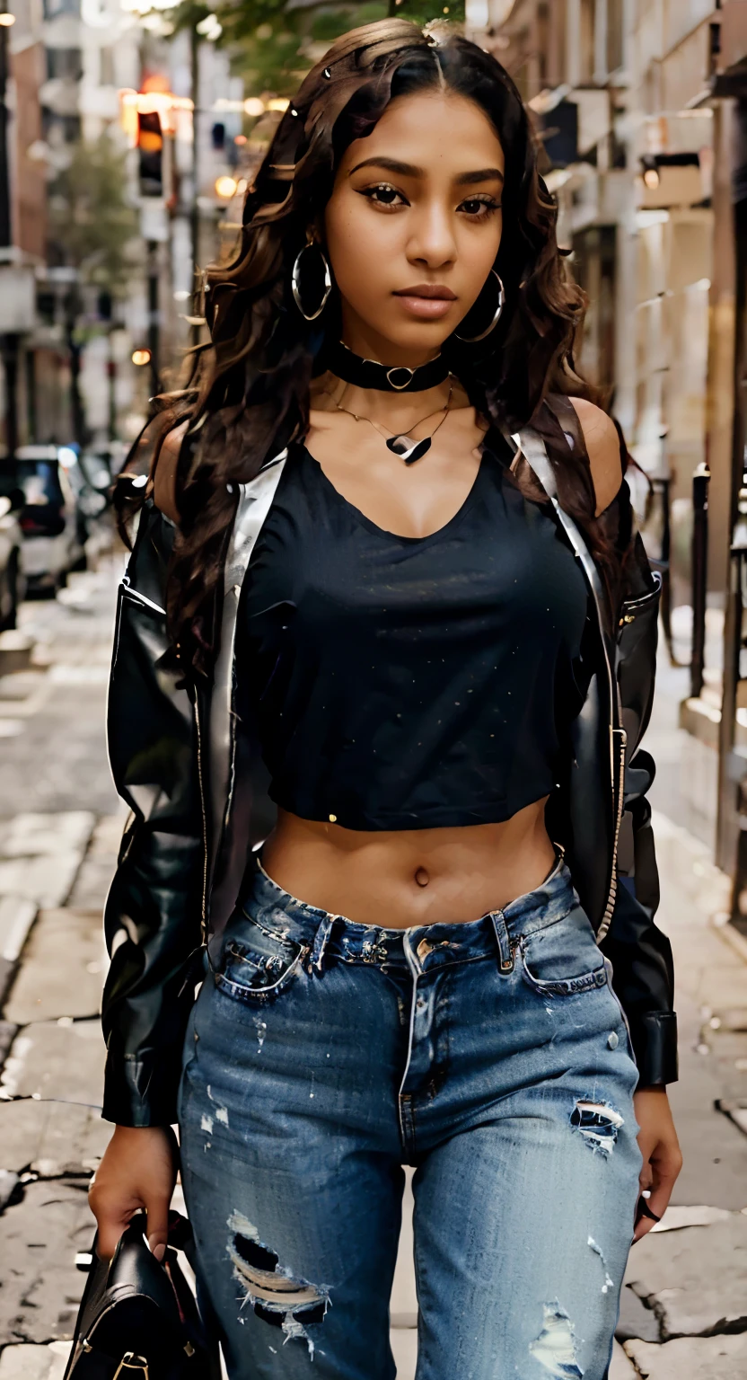 Maya rocks a head-turning urban ensemble that effortlessly blends streetwear with high fashion. She's wearing a cropped black leather jacket adorned with silver studs and zippers, adding a touch of edge to her look. Underneath, she sports a sleek white graphic tee with a bold print that commands attention.On her lower half, Maya opts for a pair of form-fitting distressed denim jeans, perfectly tailored to accentuate her curves. The jeans feature strategically placed rips and patches, adding to the urban vibe of her outfit. Paired with the jeans are a set of chunky black combat boots, complete with silver buckles and laces, adding an extra dose of attitude to her ensemble.Accessorizing like a pro, Maya rocks a selection of statement pieces, including oversized silver hoop earrings, a stack of chunky silver bangle bracelets, and a black choker necklace adorned with a silver pendant. She also sports a sleek black crossbody bag, perfect for carrying her essentials while on the go.Completing her look, Maya wears her hair in loose waves cascading down her shoulders, adding a touch of effortless glamour to her urban chic aesthetic. With her bold makeup featuring winged eyeliner and a nude lip, Maya is ready to take on the streets of DC with confidence and style!