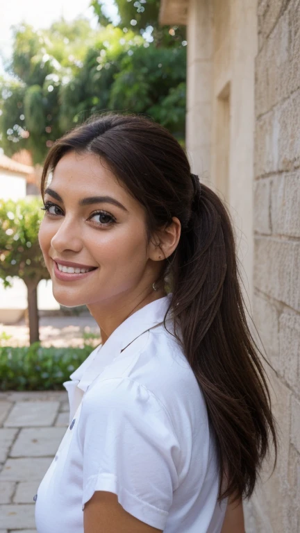 ((best quality)), ((masterpiece)), (detailed), perfect face hyperrealistico, detalles, Hermosa mujer mayor madura sexy, relaxed brown eyes, sonrisa tenue, long brown hair ponytail, blusa Blanca semitransparente, mostrar escote grande, pechos grandes marcados, piel clara, caderas anchas, falda azul, de pie en un parque