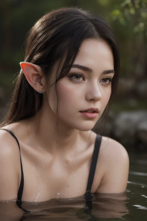 perfect face, (masterpiece, best quality, ultra-detailed, highres, 4k), (beautiful detailed eyes), (Realistic, Photorealistic: 1.37), Ultra Detailed, Soft Light, ((two girls)), Anatomically correct, ((beautiful girl)), ((one white girl and one black girl)),blush, glossy lips, thin lips, half-open lips, realistic, ((small elf ears)), ((fantasy princess white dress)), lying in hot spring, ((firefly,)) ((night)), wet clothes, wet skin, wet hair, nsfw