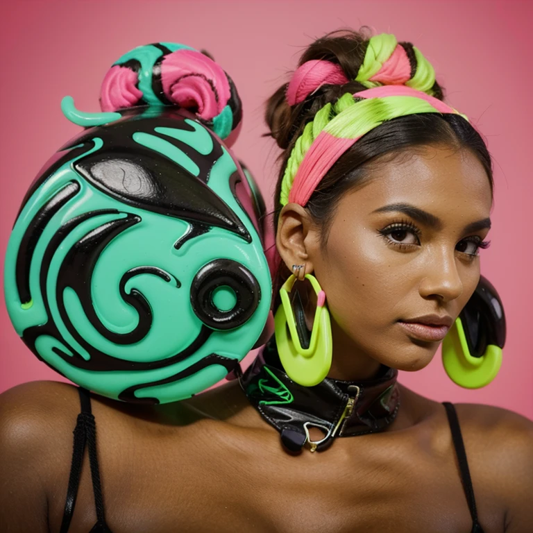 Giant huge big sized polymer clay earrings, with animal print, neon green and pink colors. High detailed. Geometric shapes. Candy