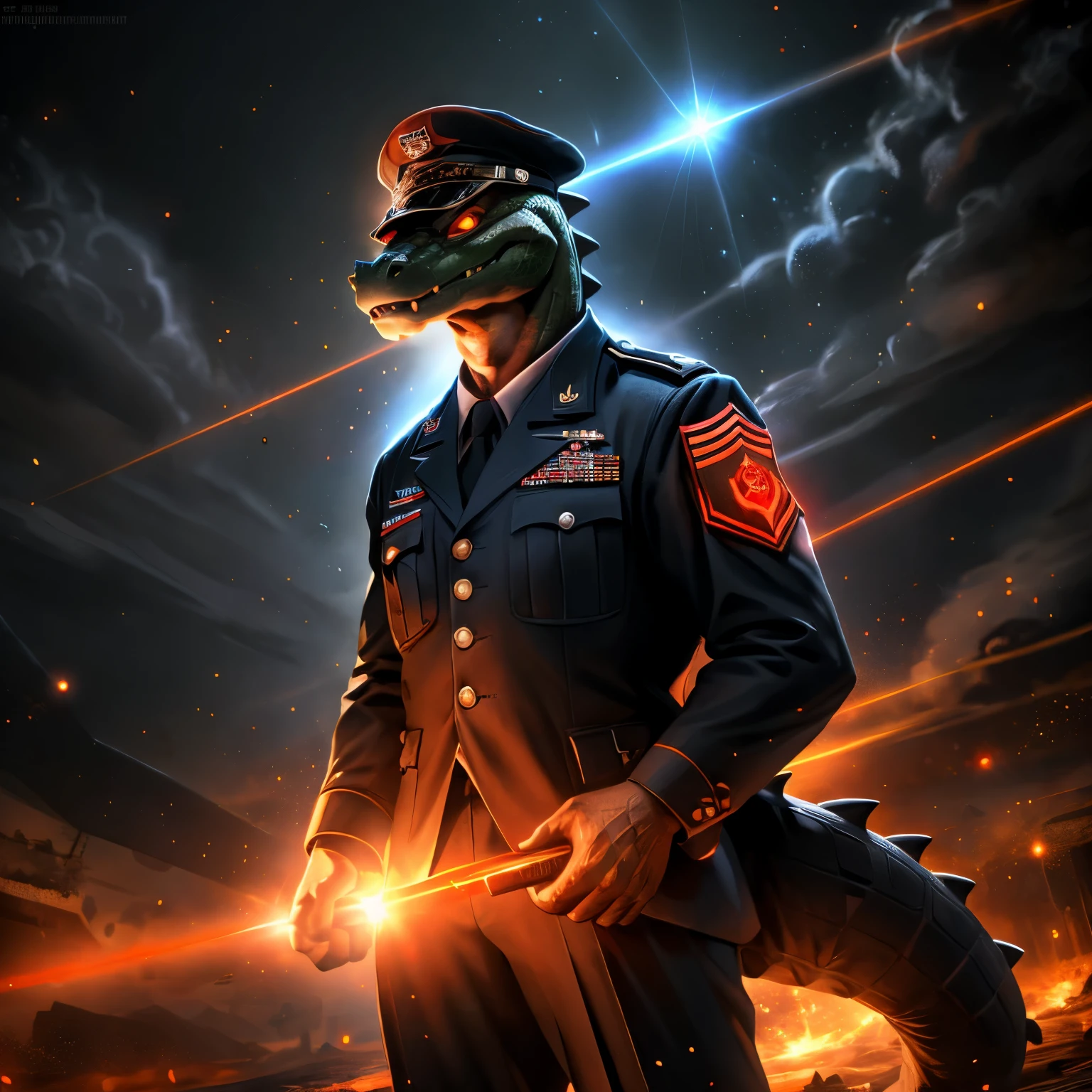 Furry aligator Grandfather Holding glasses ,  ww2  black suits,  general  ww2 hats, soldiers in the background,red blood element,hd light and dark, balance rendering, HD lighting and dark )<=(epic image quality)dark atmosphere with bright particle light(many effects in background), Furry Men, aligator 