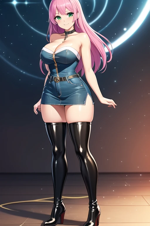 1 girl, 19 years old, Long pink hair, green eyes with slit pupils, master-piece, best quality, (standing up), (denim dress), (tight strapless denim dress, patent leather high heel boots, cleavage), (Big , ultra gigantic , Super super big, Glamorous body), Make eye contact with the camera, front figure, looking forward, (light_Smile:1.5), (Detailed hands and fingers:1.2), (FULL BODYSHOT), thighs thighs thighs thighs、beauty legs、