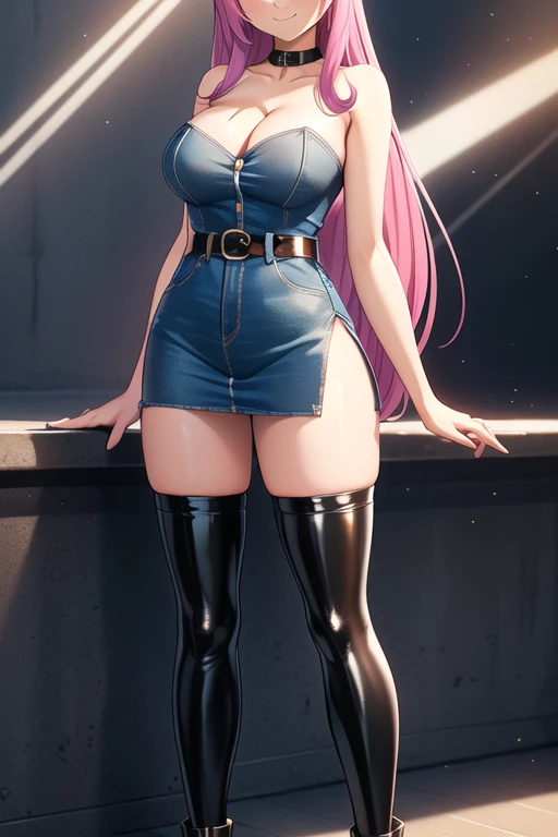 1 girl, 19 years old, Long pink hair, green eyes with slit pupils, master-piece, best quality, (standing up), (denim dress), (tight strapless denim dress, patent leather high heel boots, cleavage),  (Big , ultra gigantic , Super super big, Glamorous body), Make eye contact with the camera, front figure, looking forward, (light_Smile:1.5), (Detailed hands and fingers:1.2), (FULL BODYSHOT), thighs thighs thighs thighs、beauty legs、