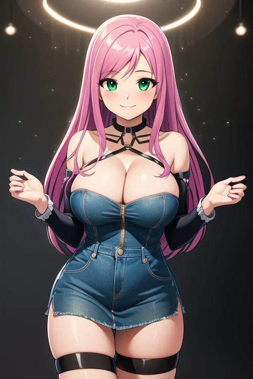 1 girl, 19 years old, Long pink hair, green eyes with slit pupils, master-piece, best quality, (standing up), (denim dress), (tight strapless denim dress, patent leather high heel boots, cleavage),  (Big , ultra gigantic , Super super big, Glamorous body), Make eye contact with the camera, front figure, looking forward, (light_Smile:1.5), (Detailed hands and fingers:1.2), (FULL BODYSHOT), thighs thighs thighs thighs、beauty legs、