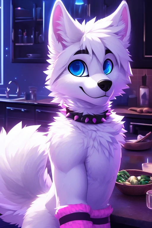 (best quality,4k,highres,masterpiece:1.2),ultra-detailed,realistic, boy,blue eyes eyes,detailed black nose,fluffy white fur,elongated fluffy tail,long flowing white hair,kitchen scene,night atmosphere,dark ambiance,pink underwear,spike collar,pink arm warmers,pink leg warmers
