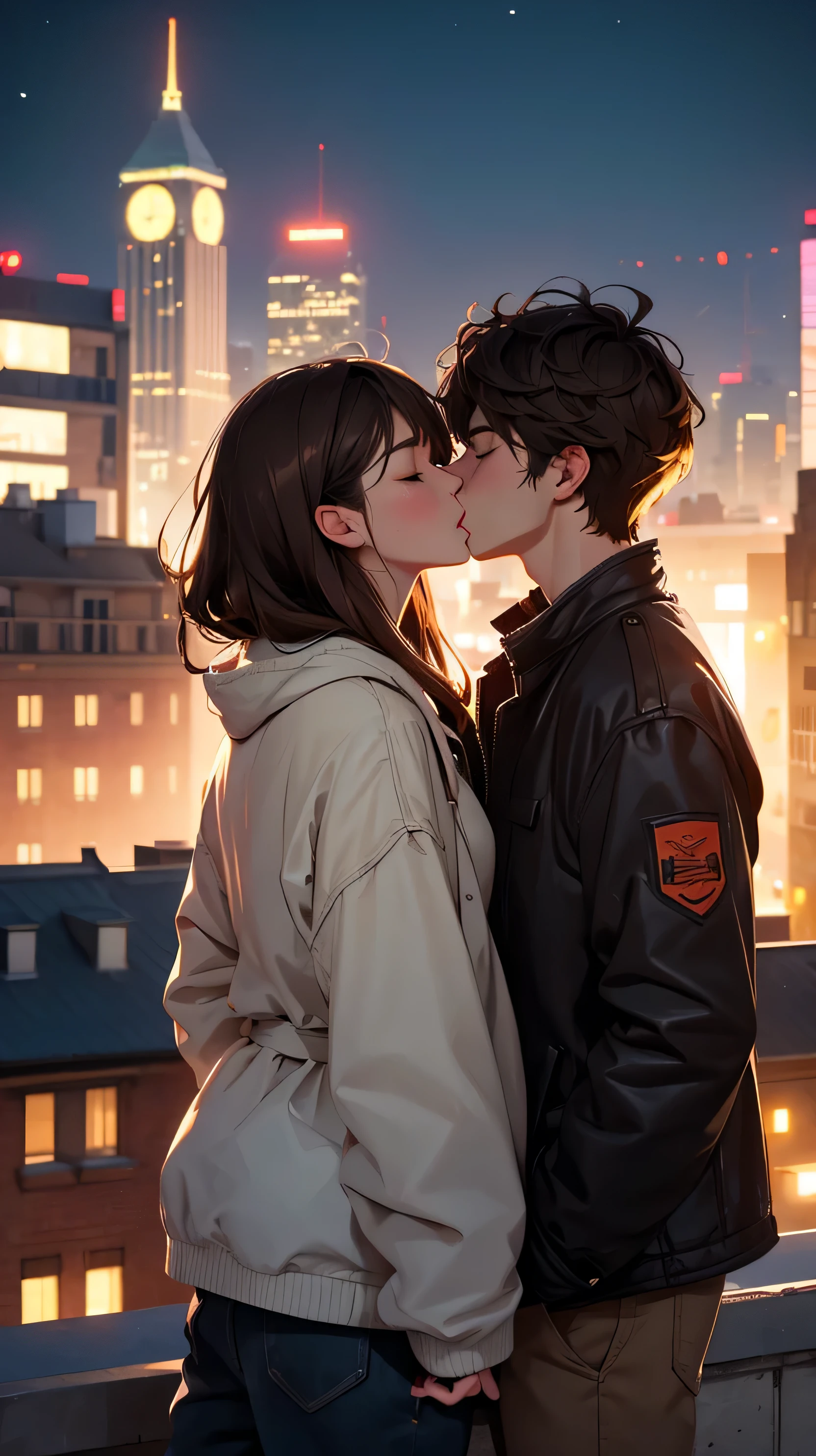 1 male and 1 female , brown hair, kissing , night city on top of buildings, closed eyes , hands in pocket