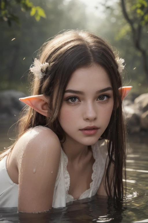 perfect face, (masterpiece, best quality, ultra-detailed, highres, 4k), (beautiful detailed eyes), (Realistic, Photorealistic: 1.37), Ultra Detailed, Soft Light, ((two girls)), Anatomically correct, ((beautiful girl)), ((white skined and black skined girls)),blush, glossy lips, thin lips, half-open lips, realistic, ((small elf ears)), ((fantasy princess white dress)), lying in hot spring, ((firefly,)) ((night)), wet clothes, wet skin, wet hair, nsfw