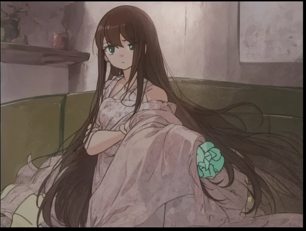 A beautiful woman with long hair is standing with a sad expression。