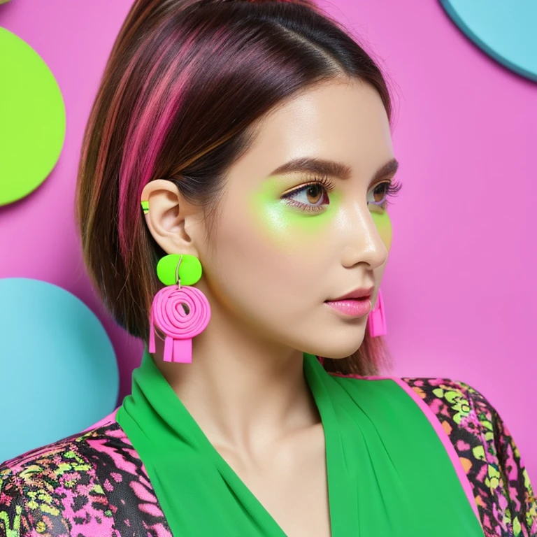 Giant huge big sized polymer clay earrings, with animal print, neon green and pink colors. High detailed. Geometric shapes. Candy