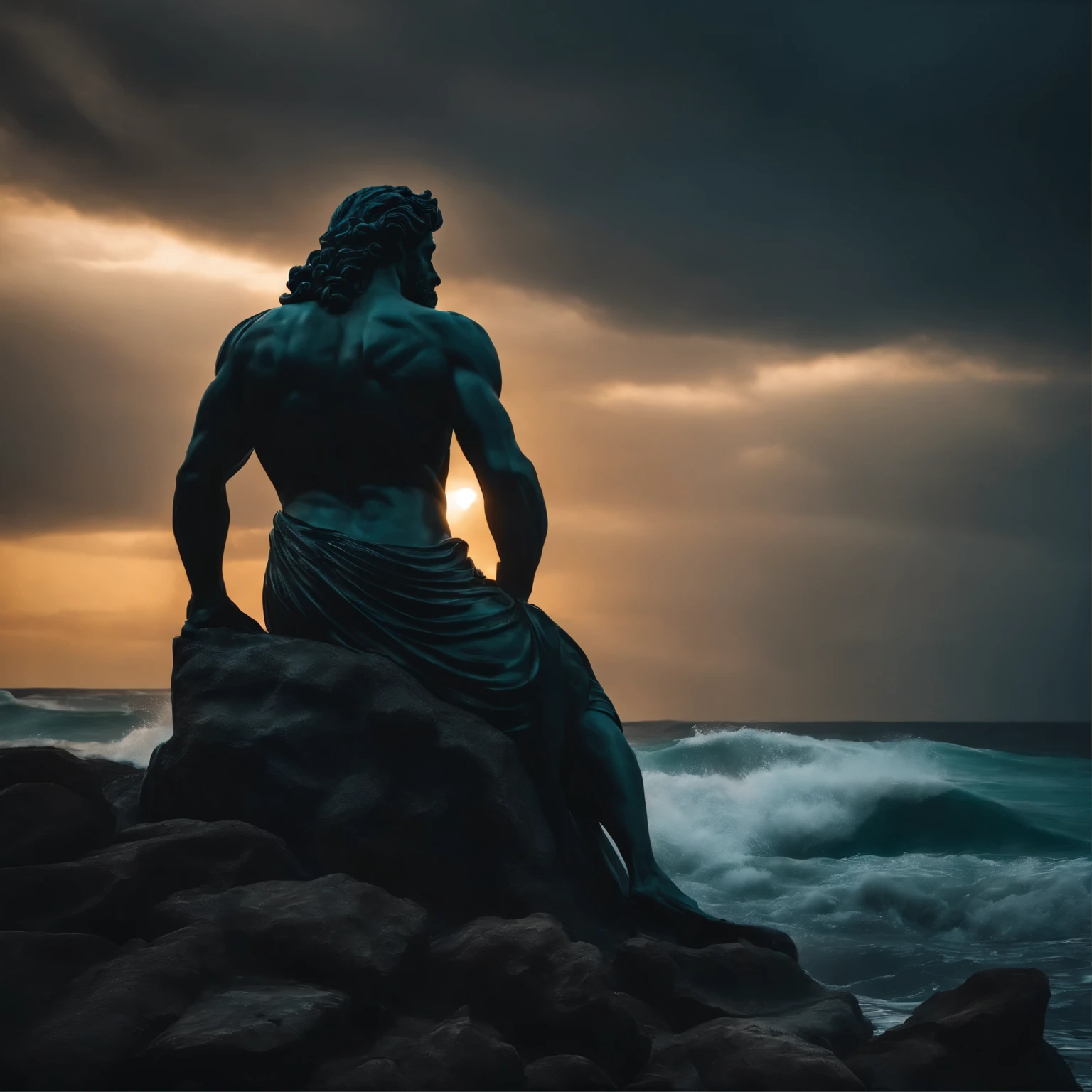 estatua grega de um poseidon musculoso estilo hercoles 8k dark com fundo background escuro cinematic mar calmo no fundo
