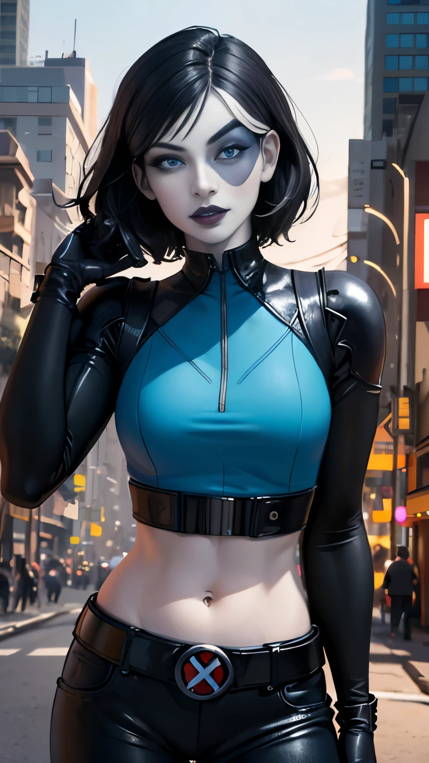 (Highly quality, masterpiece, detailed), city detailed scenario, city detailed background, solo, 1 woman, black hair, white hair highlight, marveldomino, colored skin, makeup, leather cropped top, sleeves, gloves, belt, bellybutton piercing, bite her lips, blue eyes beautiful eyes, look at the viewer, Sexy pose 