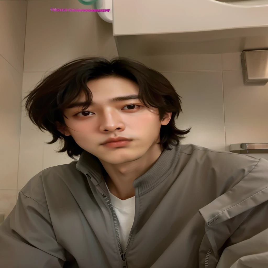 a close-up of a person in a shirt sitting in a bathroom, jungkook, Cai Xu Kun, he has short curly brown hair, con pelo corto, jinyoung shin, hyung tae, corte de pelo rizado en la parte media, kim taejin, beautiful androgynous prince, he is about 20 years old, he is about 2 0 years old