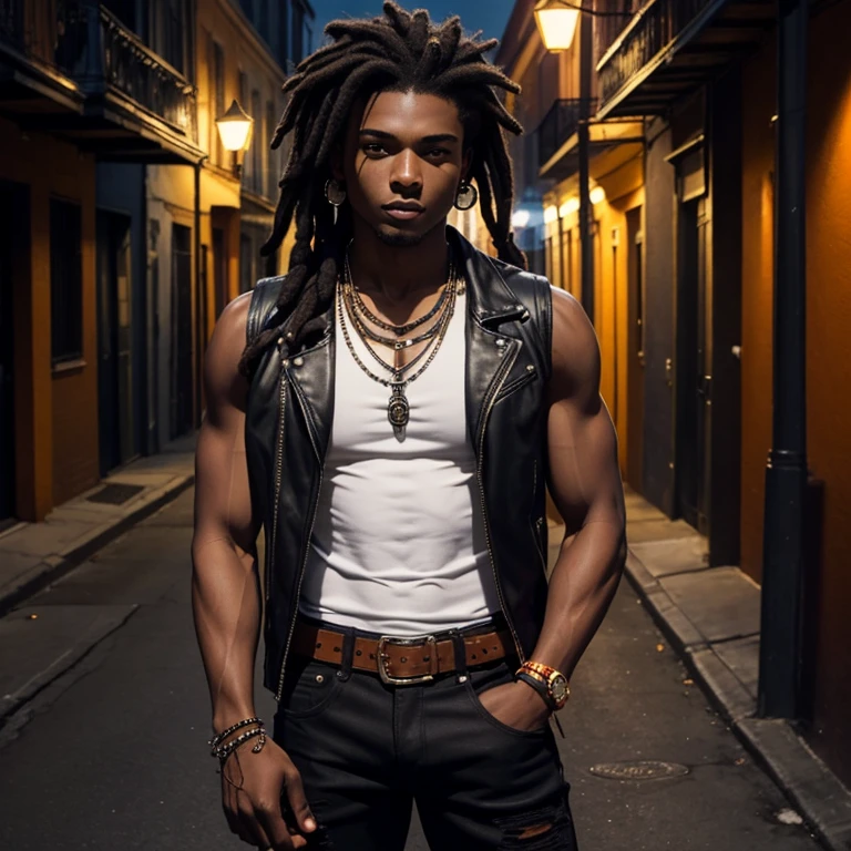 20-year-old boy, dark skin, wearing a black sleeveless jacket, slim build, muscular, voodoo medallion jeans, orange shirt, leather belt with skull buckle, dreadlocks, brown eyes, black hair, looking straight at the viewer, background of the city of New Orleans at night