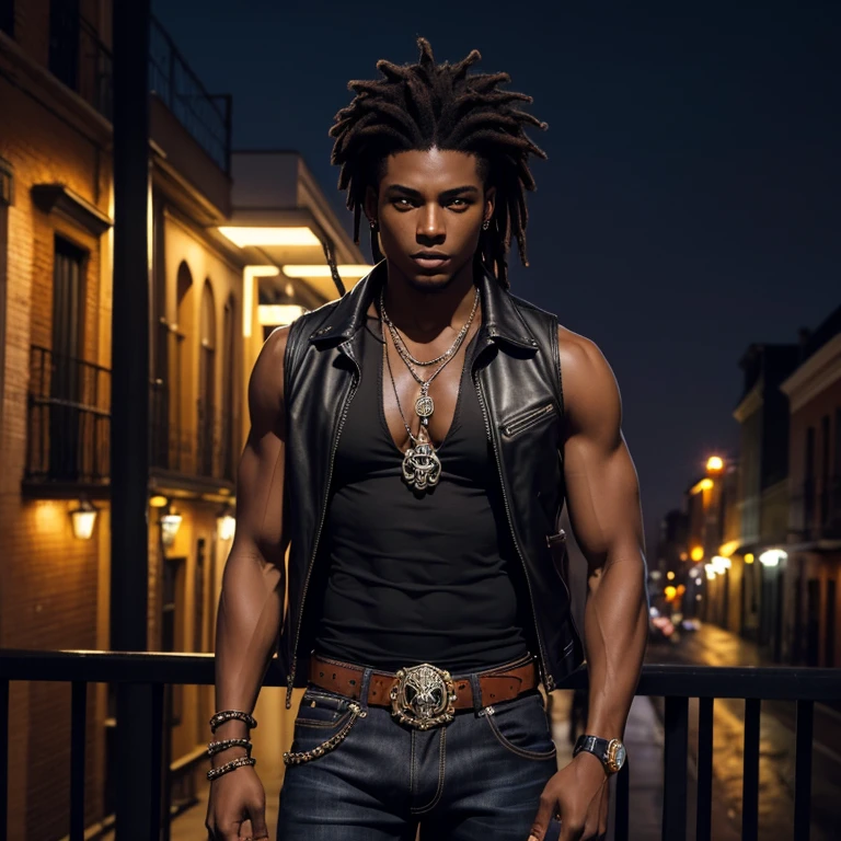 20-year-old boy, dark skin, wearing a black sleeveless jacket, slim build, muscular, voodoo medallion jeans, orange shirt, leather belt with skull buckle, dreadlocks, brown eyes, black hair, looking straight at the viewer, background of the city of New Orleans at night