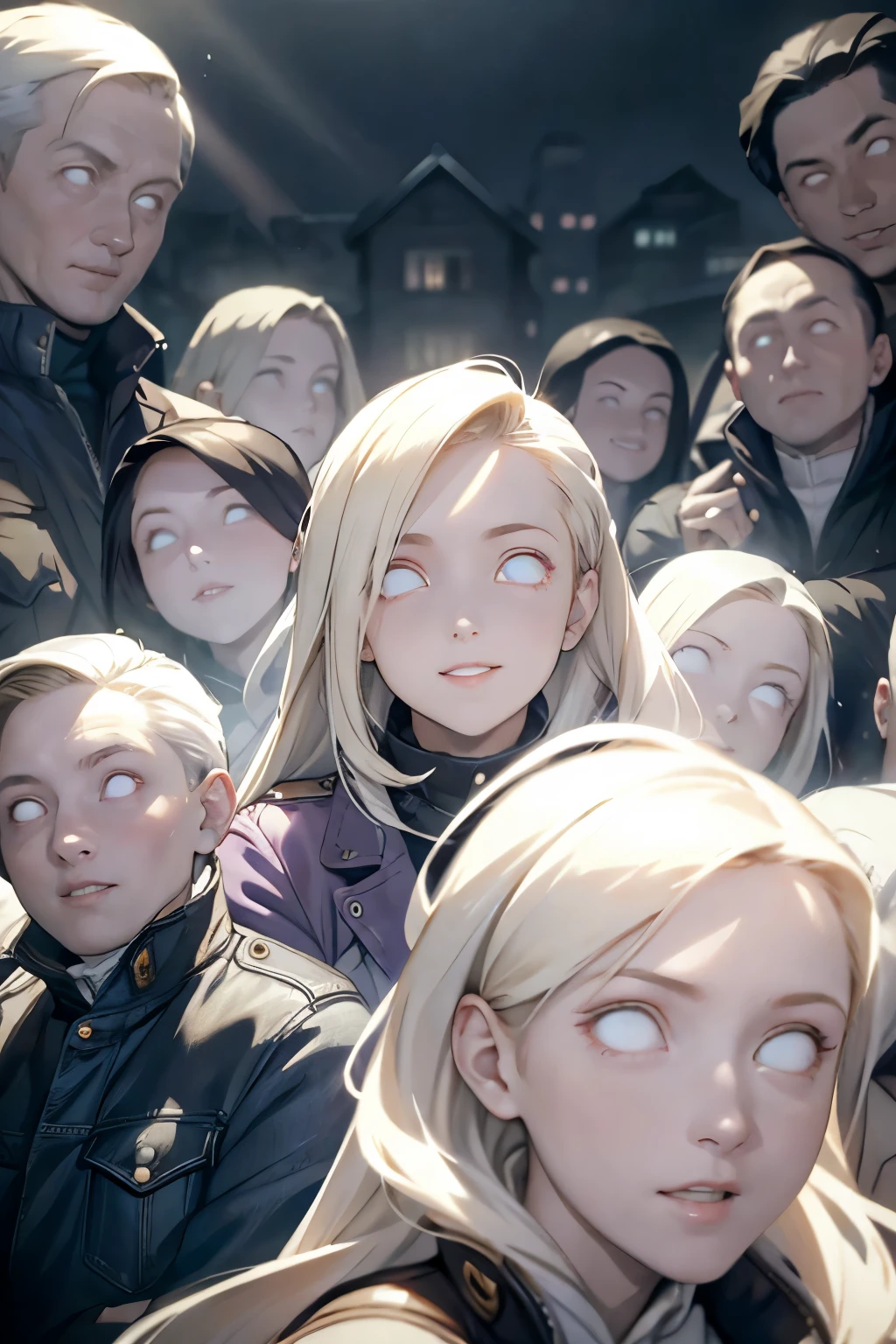 Masterpiece, Best Quality, Ultra-Detailed, 1woman, solo, adult woman, mature woman, blonde hair, mullet hairstyle, white eyes, bright eyes, purple jacket, bomber jacket, black cropped, jeans short, red purple all-stars, looking at the viewer, smiling, happy expression, (((((a crowd of white-eyed people behind the girl:1.0)))), city background, city night