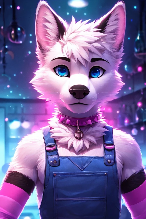 In a kitchen scene with a night atmosphere and a dark ambiance, there is a teen boy. He has blue eyes that are beautiful and detailed. His nose is also detailed and black in color. He has fluffy white fur all over his body which contrasts with his long flowing white hair. The boy is wearing pink underwear and has a spike collar around his neck. He is also wearing pink arm warmers and pink leg warmers.
The overall image quality is of the best quality, with 4k or 8k resolution, and it is a masterpiece. The level of detail in the image is ultra-detailed and realistic. The lighting in the scene is reminiscent of studio lighting, with sharp focus. The colors are vivid and the image has a bokeh effect.
The artwork style is a combination of portraits and photography. The color palette is dominated by blue tones, giving the image a cool and serene atmosphere.