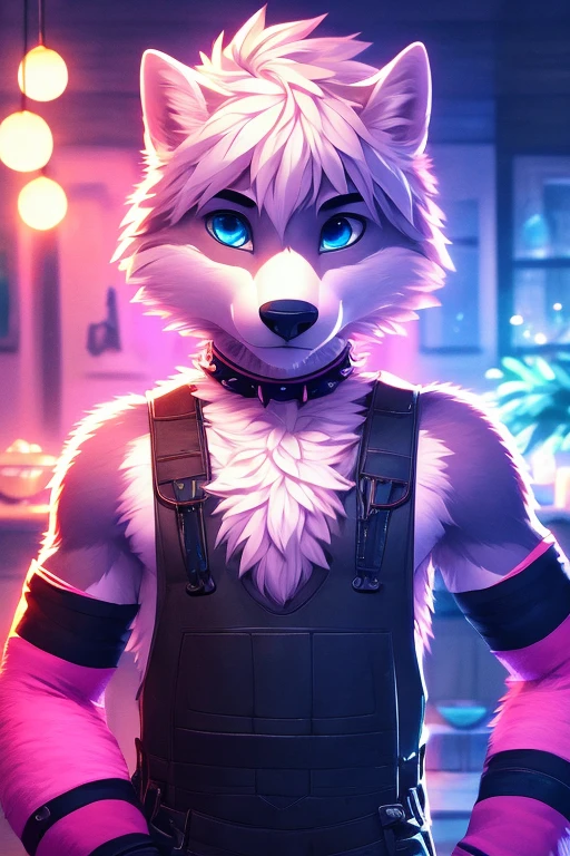 (best quality,4k,highres,masterpiece:1.2),ultra-detailed,realistic,teen boy,blue eyes eyes,detailed black nose,fluffy white fur,elongated fluffy tail,long flowing white hair,kitchen scene,night atmosphere,dark ambiance,pink underwear,spike collar,pink arm warmers,pink leg warmers
