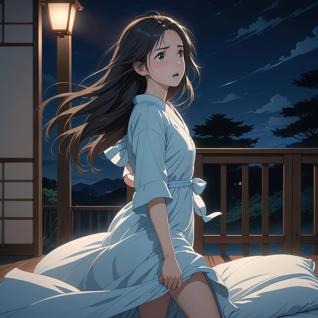 masterpiece, High resolution, illustration, kyoto animation style, Your name is cinematic style, night, midnight, Light, (1 female: 1.3), (alone: 1.4), long eyelashes, long hair, hair blowing, nose blushing, futon, running frightened, nightdress, Hide with hands , Hide with hands, full body view.