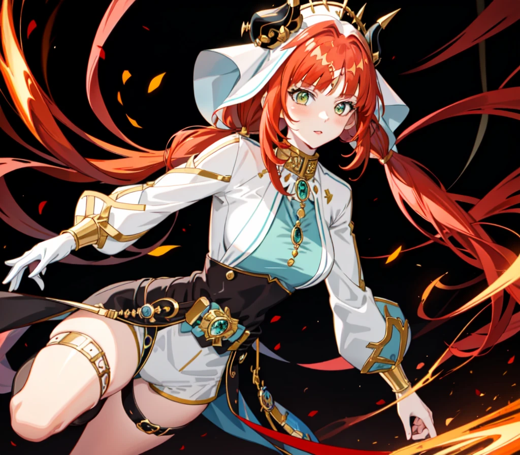 (1 Sexy anime girl, Genshin Impact, Amber, Red hair, Amber eyes, Clothing: Red and white jacket with gold details, Belted waist, White shorts, High boots that reach up to her thighs, Gloves with golden accents, Medium breasts)
This captivating anime-style image portrays Amber from the popular game, Genshin Impact. Her long, fiery red hair cascades down her shoulders, framing her radiant amber eyes that sparkle with energy and determination. Amber's outfit consists of a red and white jacket, adorned with intricate golden details. The jacket is belted at the waist, emphasizing